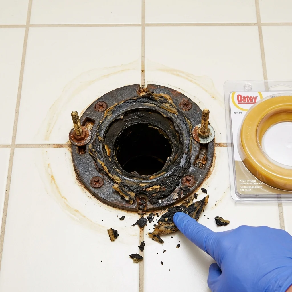 Failed wax ring showing water seepage at the base of a toilet in a Freeport, IL home