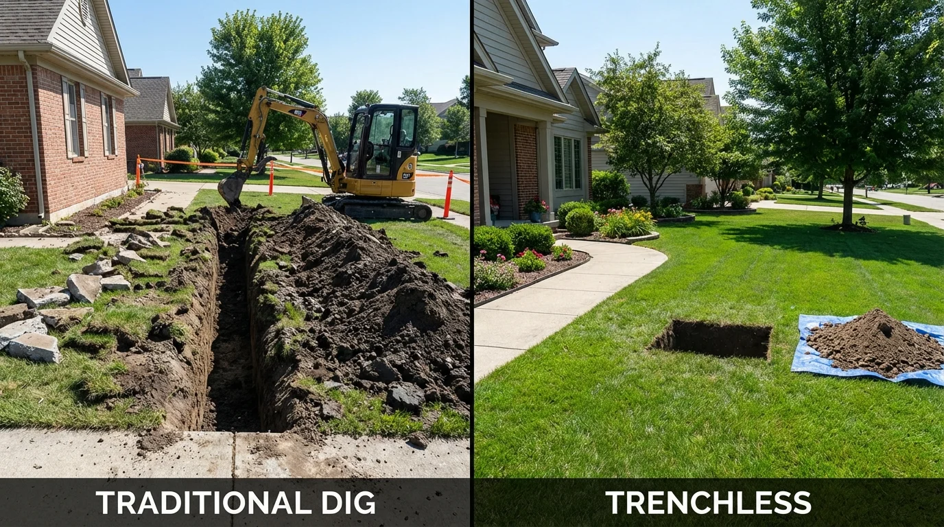 Trenchless sewer repair with minimal yard damage versus traditional excavation in Freeport, IL