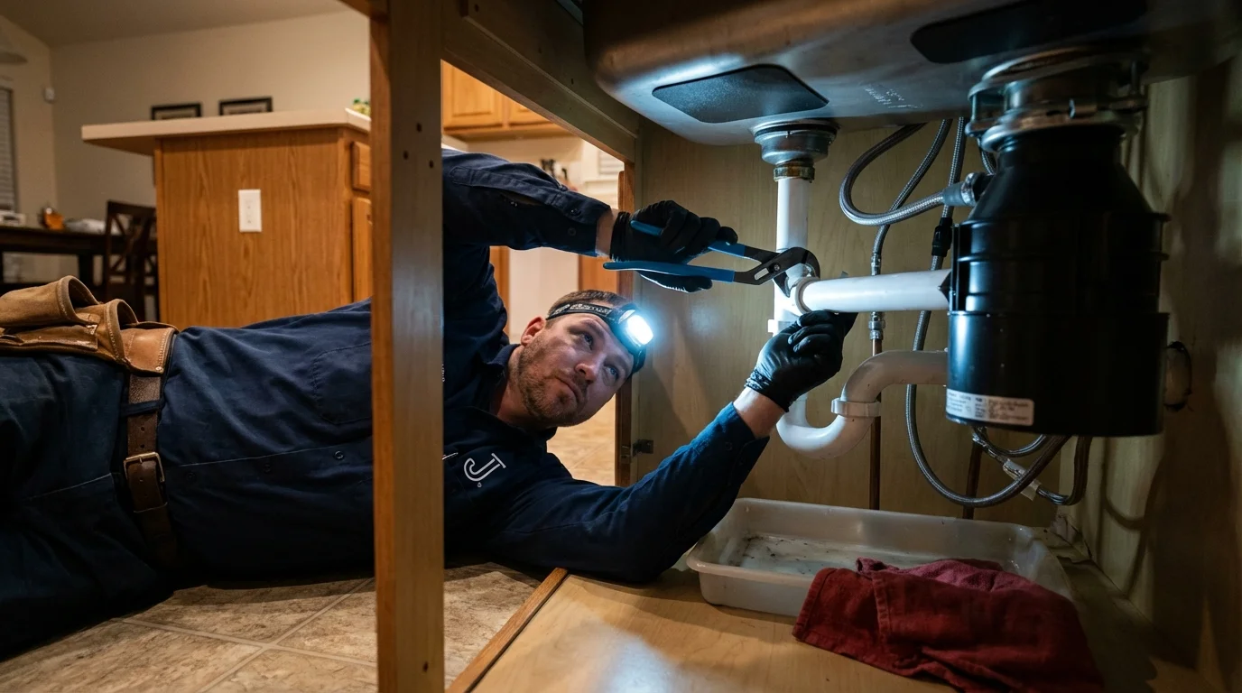 P-trap and supply line connections under a kitchen sink showing a common leak point in Freeport, IL